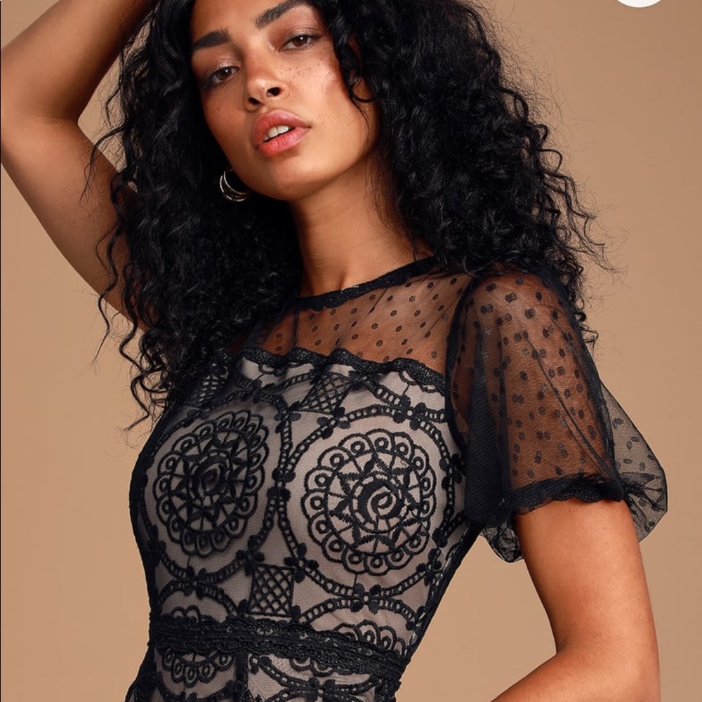 Black Embroidered Lace Midi Dress